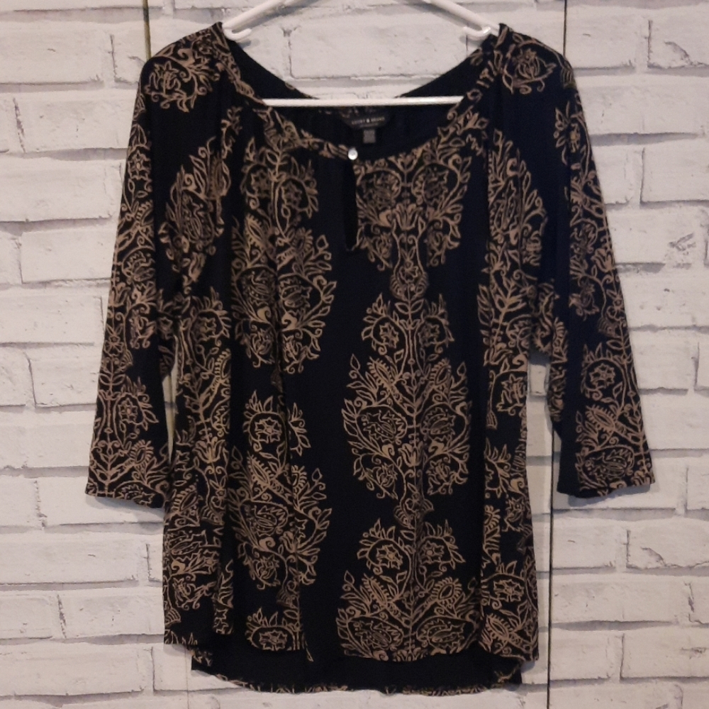 Lucky Brand Women's Size 2X Knit Top Black Tan Keyhole Neck Long Sleeve
